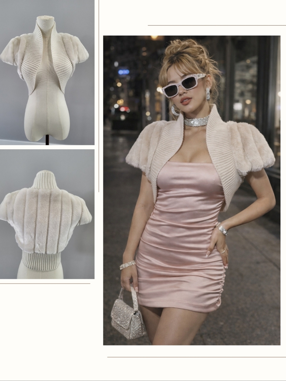 Ci Sono Faux Fur Shrug Bolero Ivory Knit Trim Open Front Small